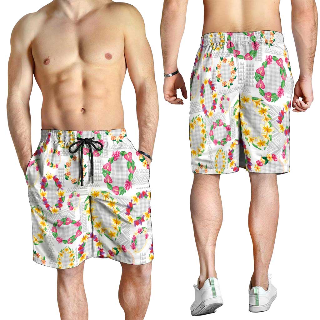 Hawaiian Kakau Tattoo Leis and Palaka Pattern Shorts for Men Traditional Aloha Tribal White Color LT03 - Polynesian Pride