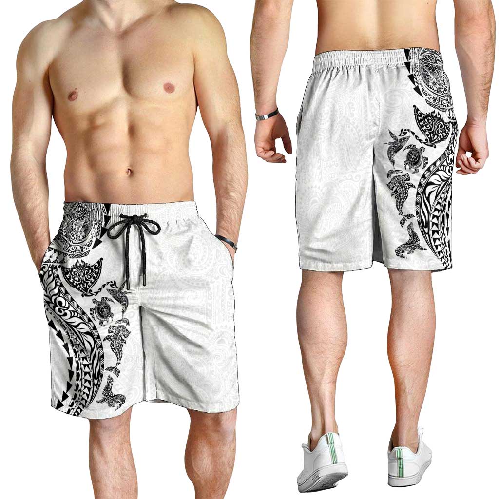 Hawaiian Kakau Tribal Sea Animals Tattoos Shorts for Men White Color LT03 - Polynesian Pride
