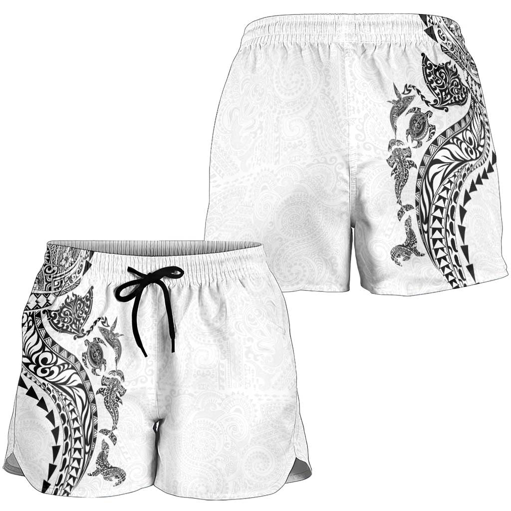 Hawaiian Kakau Tribal Sea Animals Tattoos Shorts for Women White Color LT03 - Polynesian Pride