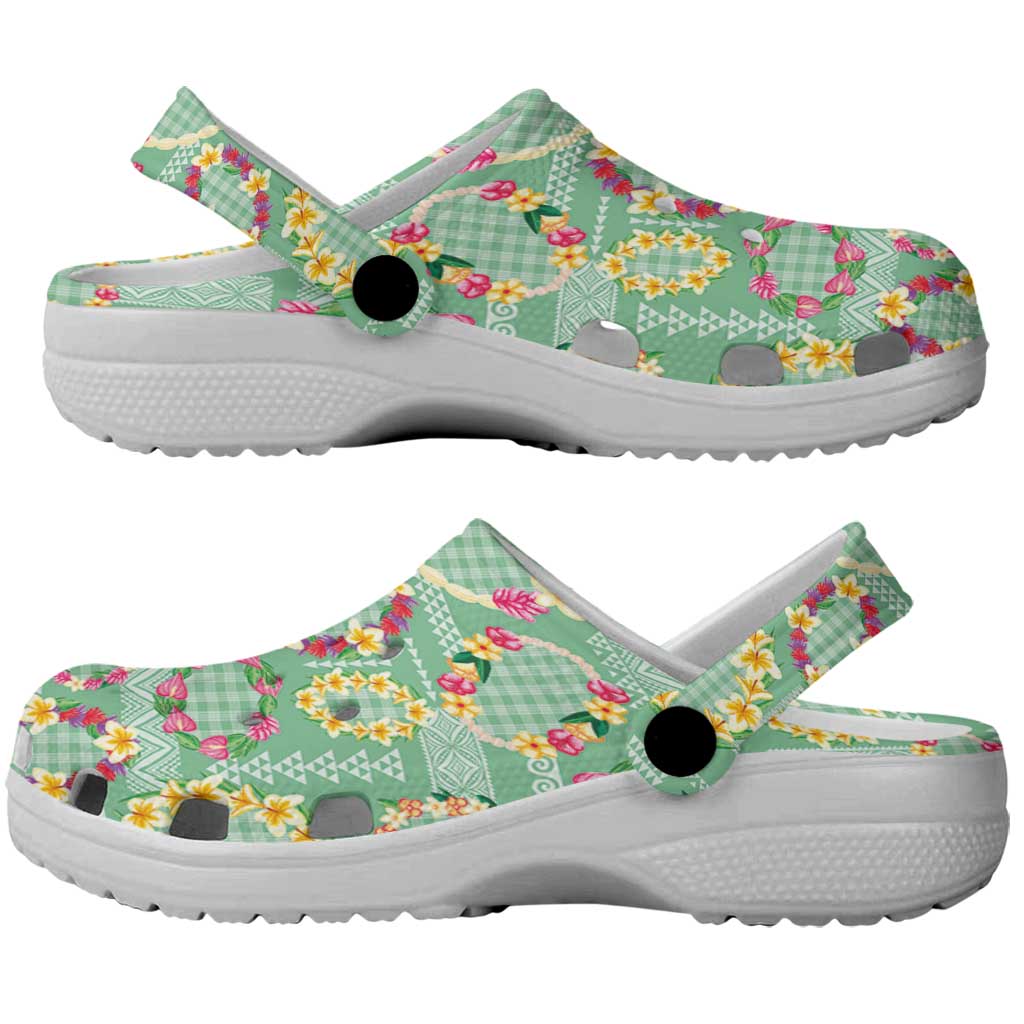Hawaiian Leis Clogs Shoes Kakau Tattoos and Palaka Pastel Green Color LT03 - Polynesian Pride