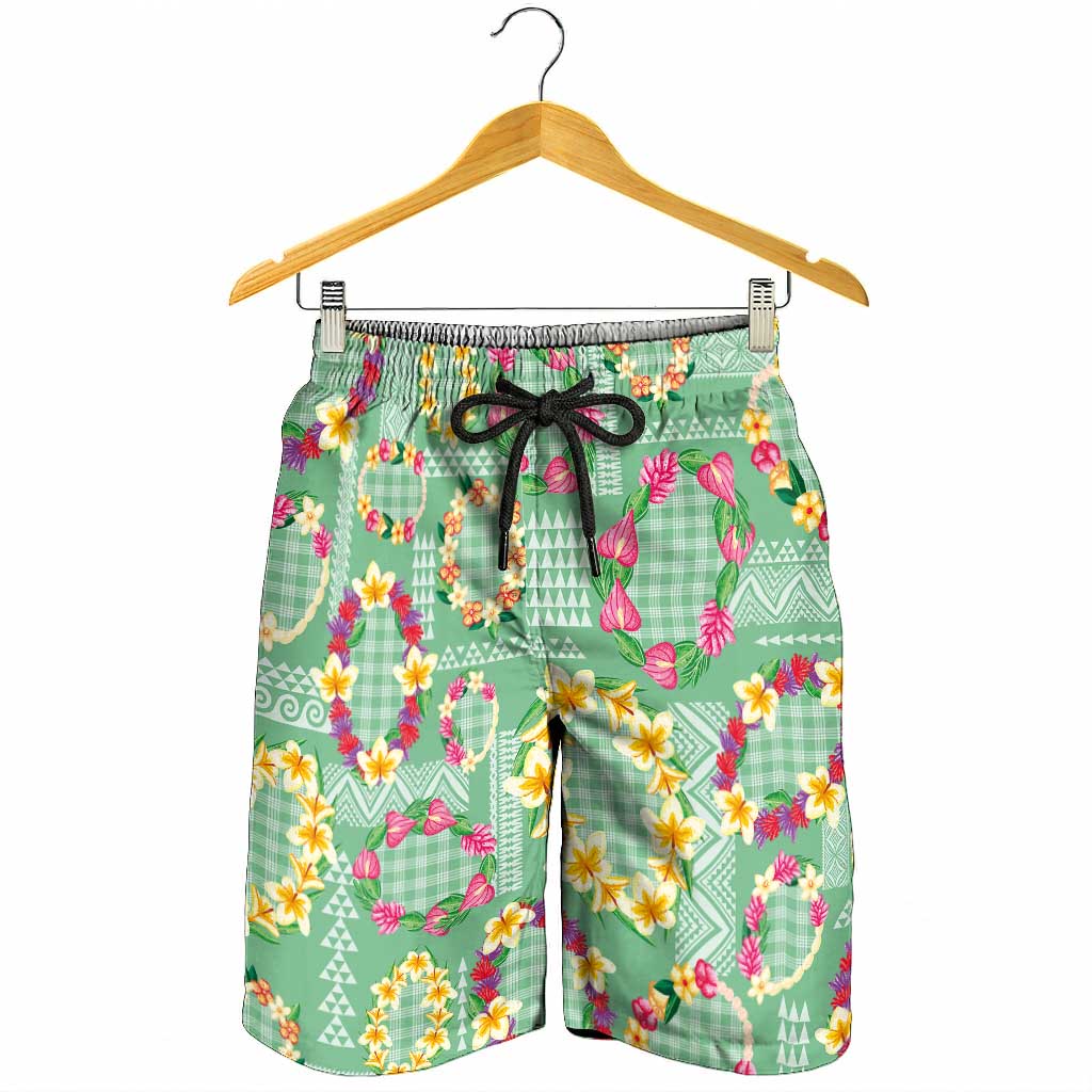 Hawaiian Leis Shorts for Men Kakau Tattoos and Palaka Pastel Green Color LT03 - Polynesian Pride