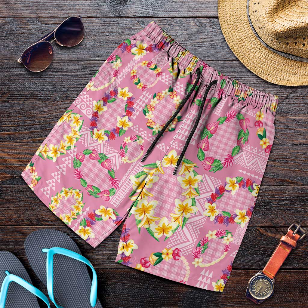 Hawaiian Leis Shorts for Men Kakau Tattoos and Palaka Pastel Pink Color LT03 Pink - Polynesian Pride