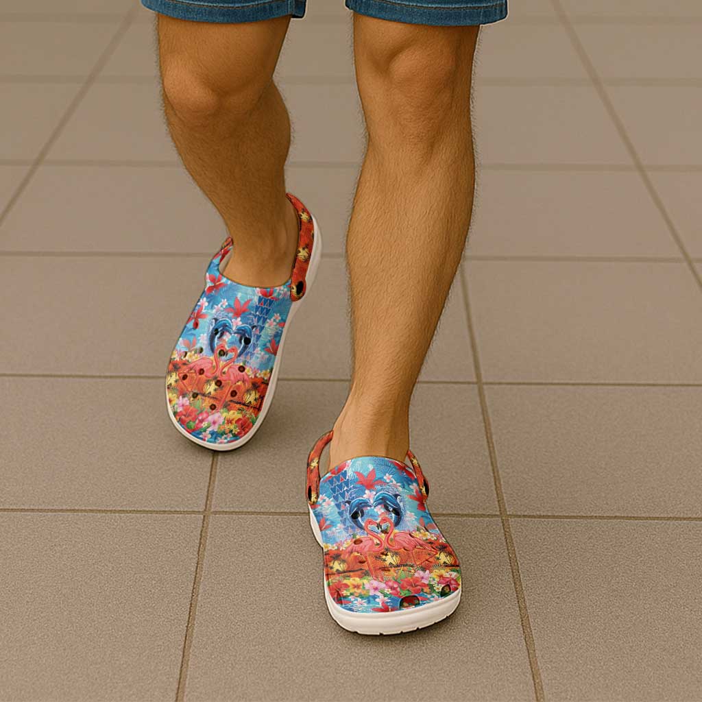 Hawaiian Love-Couple Dolphins and Flamingos Clogs Shoes - Polynesian Pride