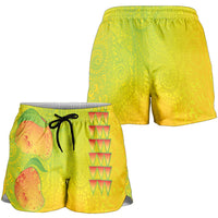 Hawaiian Mango Shorts for Women Polynesian Art Pattern and Kakau Tattoo