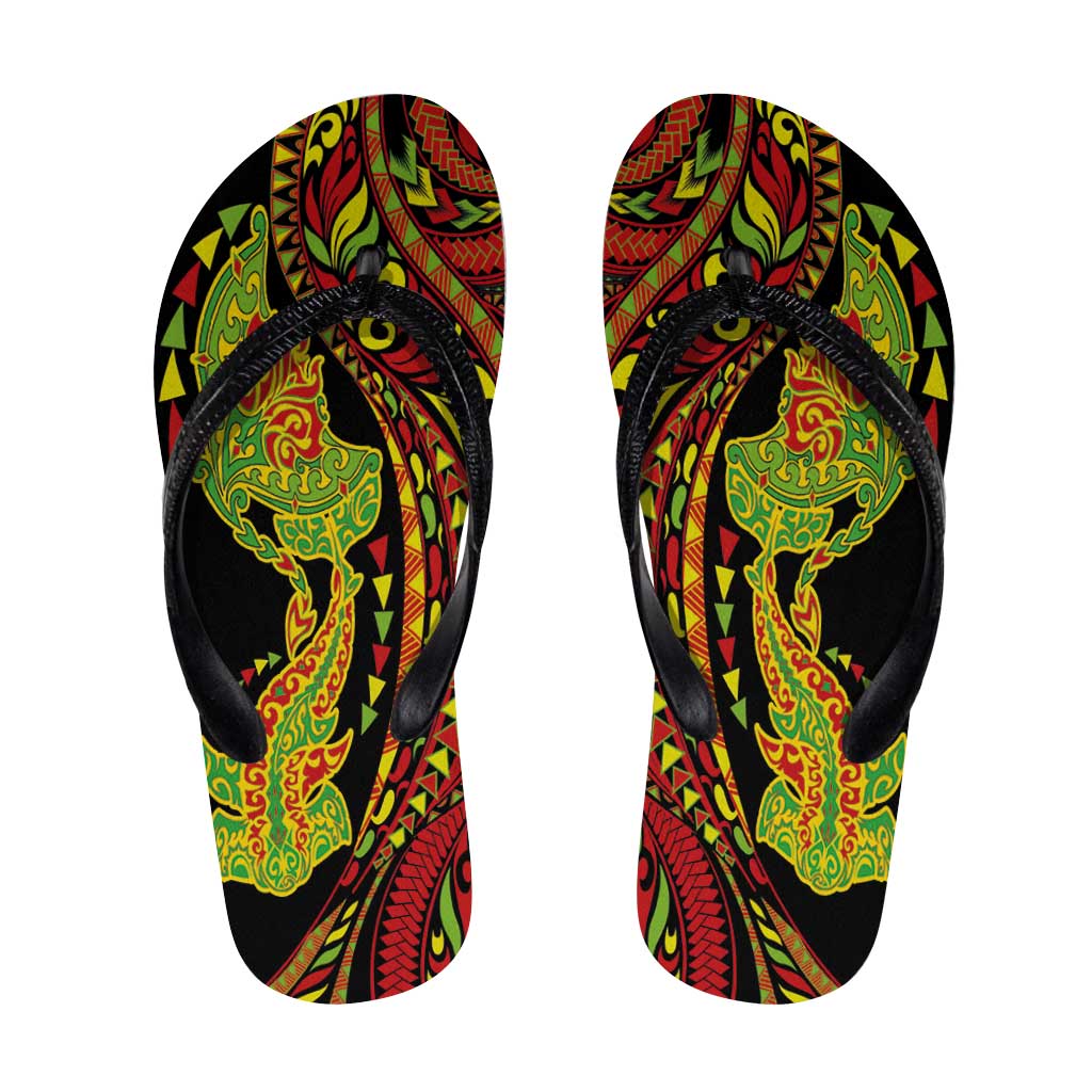 Hawaiian Manta Ray and Hammerhead Shark Tribal Tattoo Flip Flops with Polynesian Tribal Pattern Kanaka Maoli Flag Color LT03 Multicolor - Polynesian Pride