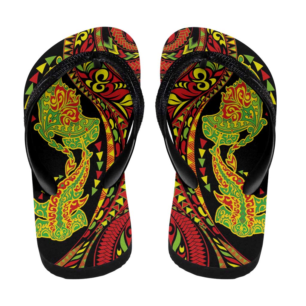 Hawaiian Manta Ray and Hammerhead Shark Tribal Tattoo Flip Flops with Polynesian Tribal Pattern Kanaka Maoli Flag Color LT03 - Polynesian Pride