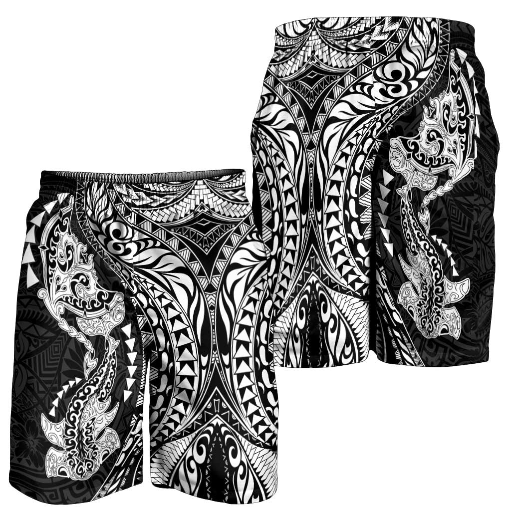 Hawaiian Manta Ray and Hammerhead Shark Tribal Tattoo Shorts for Men with Polynesian Tribal Pattern Black-White Color LT03 - Polynesian Pride