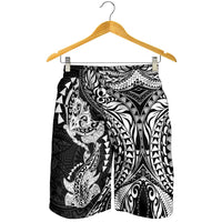 Hawaiian Manta Ray and Hammerhead Shark Tribal Tattoo Shorts for Men with Polynesian Tribal Pattern Black-White Color LT03 - Polynesian Pride