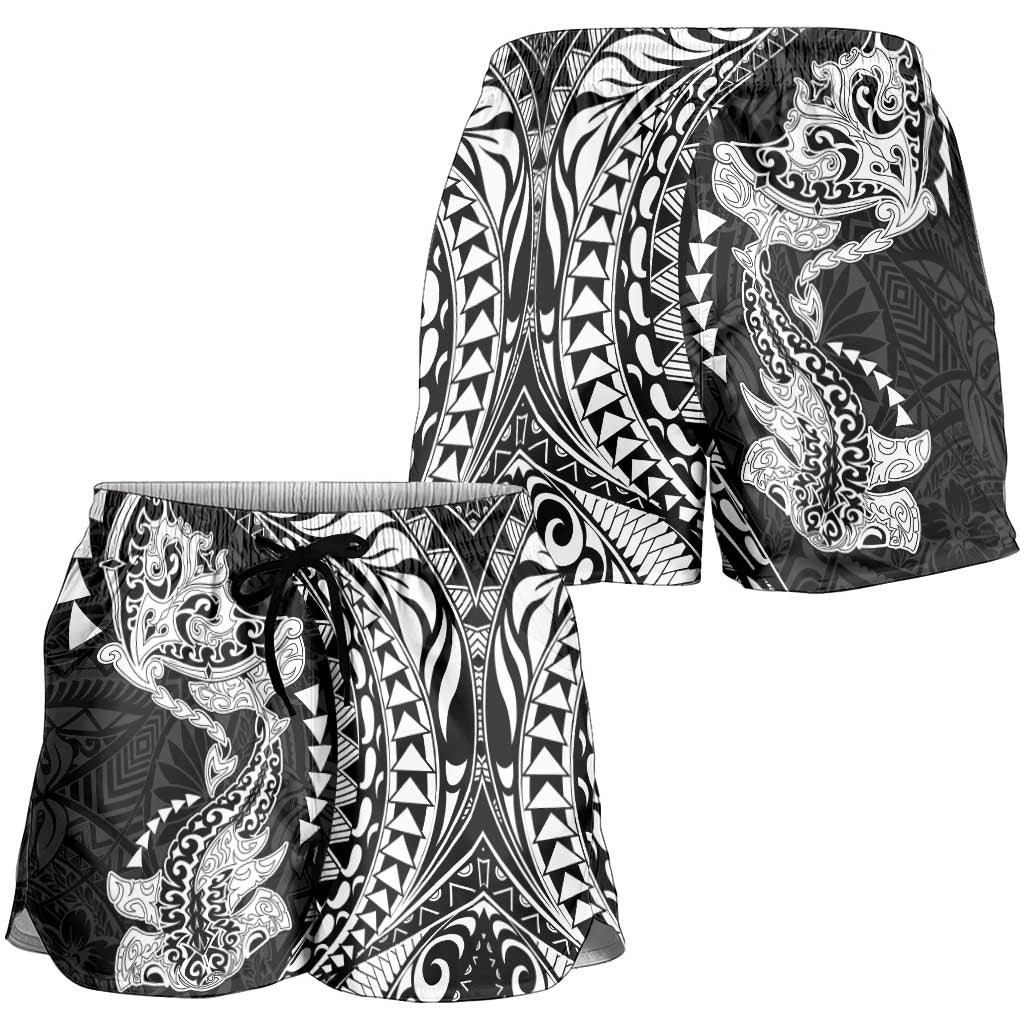 Hawaiian Manta Ray and Hammerhead Shark Tribal Tattoo Shorts for Women with Polynesian Tribal Pattern Black-White Color LT03 - Polynesian Pride