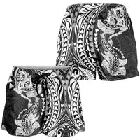 Hawaiian Manta Ray and Hammerhead Shark Tribal Tattoo Shorts for Women with Polynesian Tribal Pattern Black-White Color LT03 - Polynesian Pride