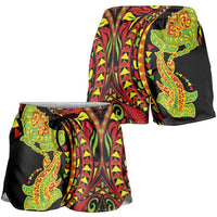 Hawaiian Manta Ray and Hammerhead Shark Tribal Tattoo Shorts for Women with Polynesian Tribal Pattern Kanaka Maoli Flag Color LT03 - Polynesian Pride