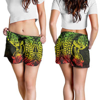 Hawaiian Manta Ray and Hammerhead Shark Tribal Tattoo Shorts for Women with Polynesian Tribal Pattern Reggae Style LT03 - Polynesian Pride