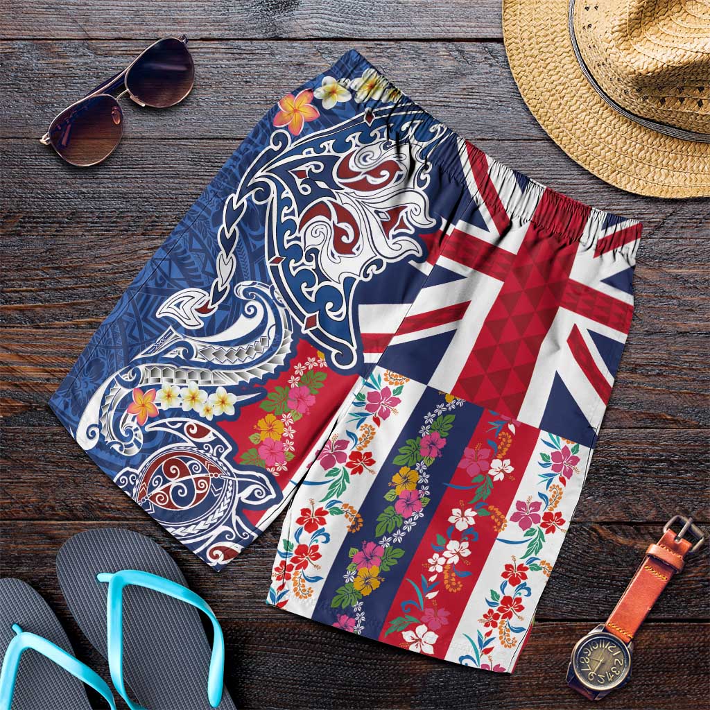 Hawaiian Manta Ray and Turtle Tribal Tattoo Shorts for Men with Hawaii Flag and Flowers