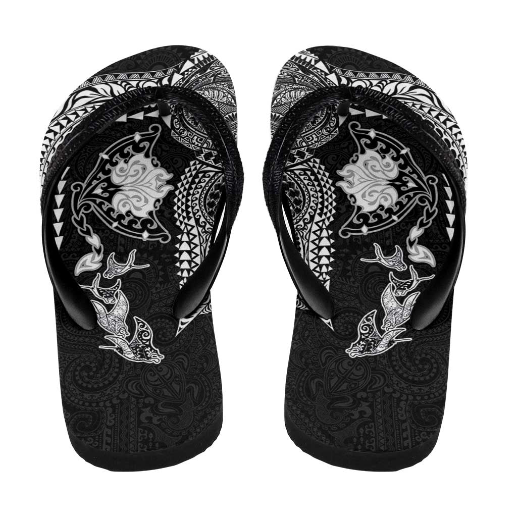 Hawaiian Manta Ray Tribal Flip Flops Polynesian Art Motifs Black Color