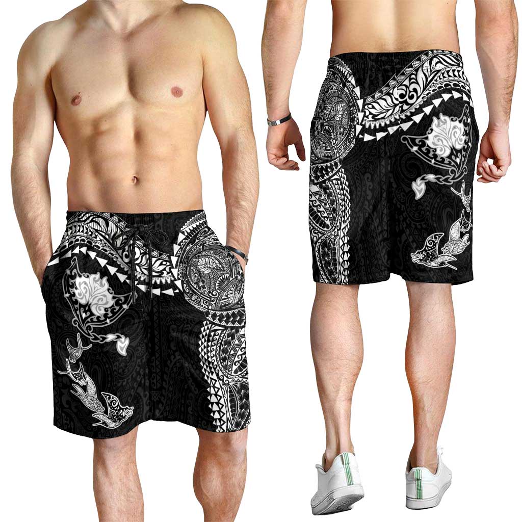 Hawaiian Manta Ray Tribal Shorts for Men Polynesian Art Motifs Black Color