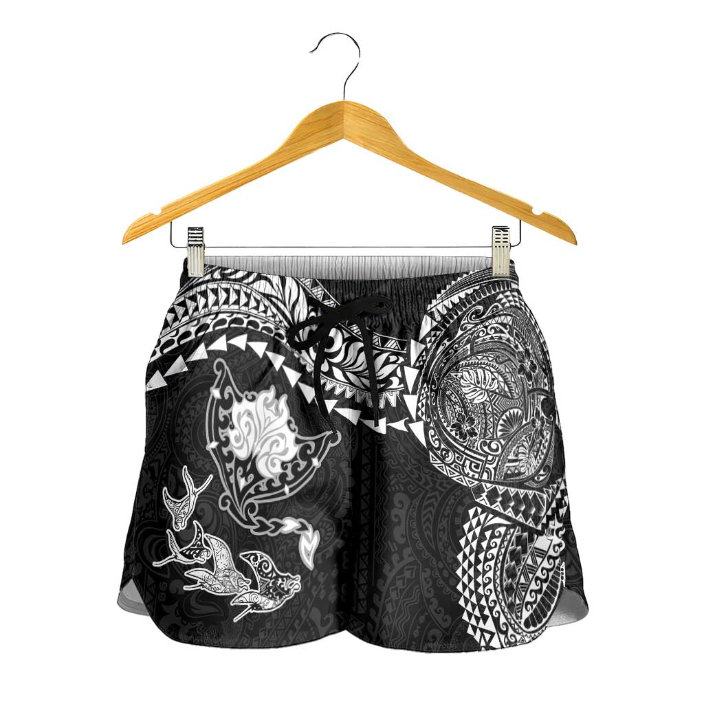 Hawaiian Manta Ray Tribal Shorts for Women Polynesian Art Motifs Black Color LT03 - Polynesian Pride