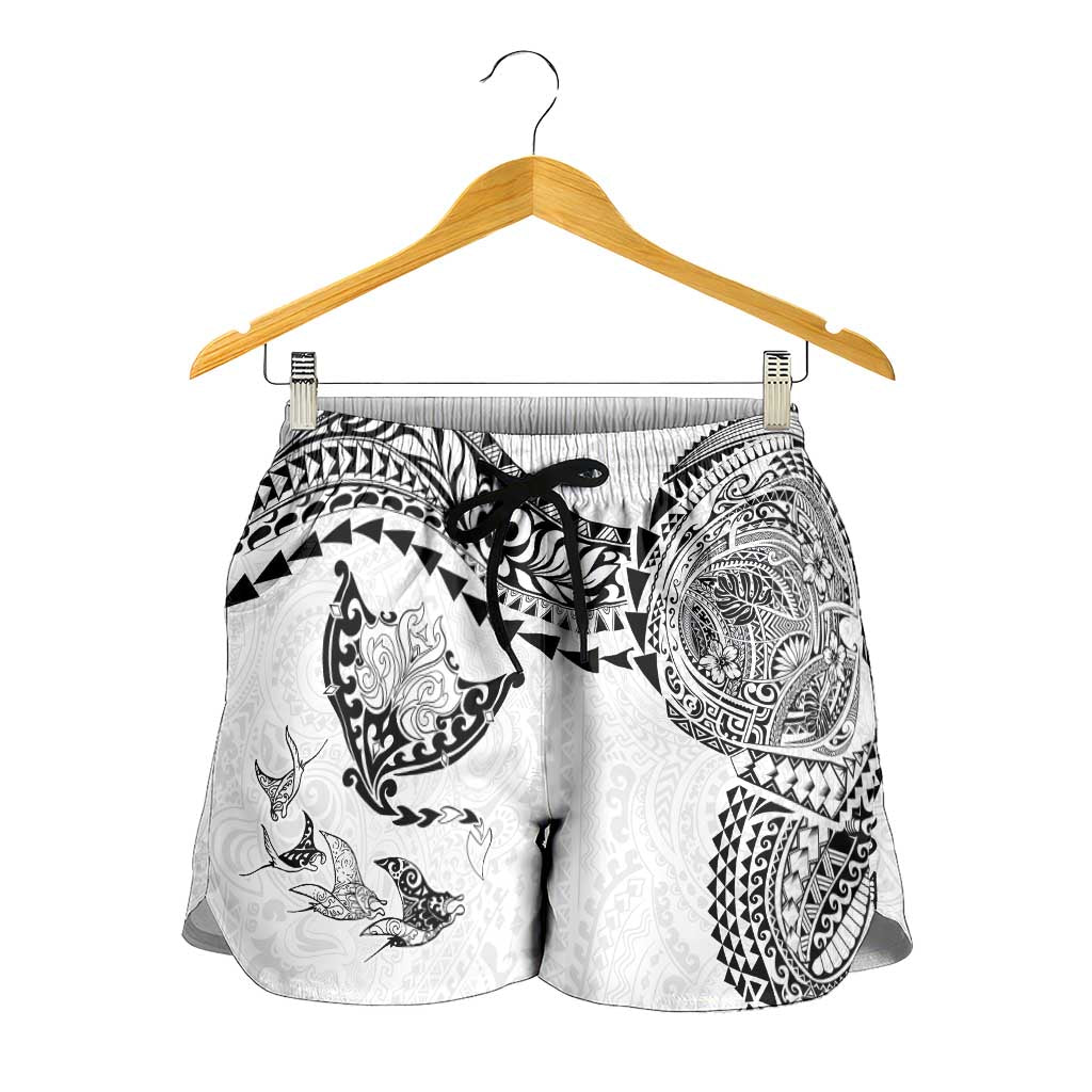 Hawaiian Manta Ray Tribal Shorts for Women Polynesian Art Motifs White Color LT03 - Polynesian Pride