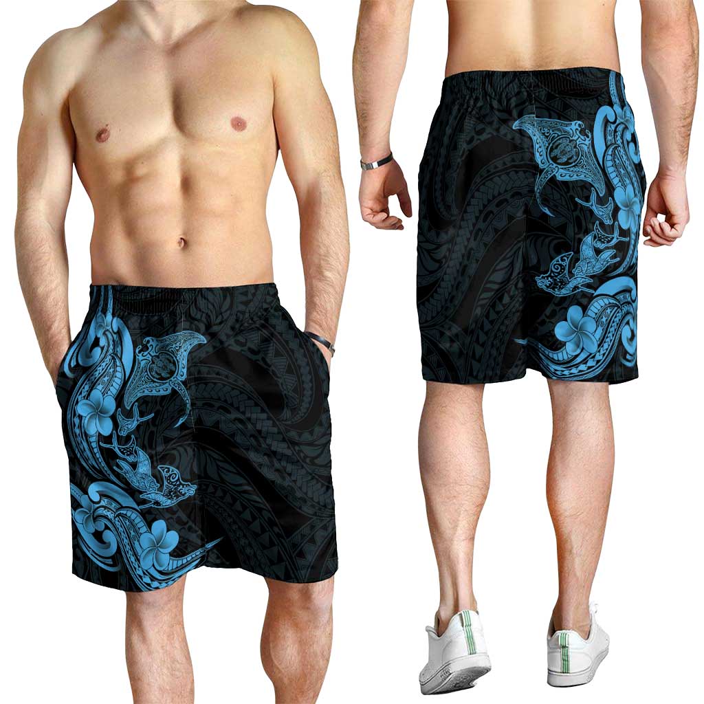 Hawaiian Manta Rays Shorts for Men Tribal Hibiscus Polynesian Tattoos Blue Color - Polynesian Pride