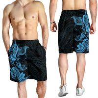 Hawaiian Manta Rays Shorts for Men Tribal Hibiscus Polynesian Tattoos Blue Color - Polynesian Pride
