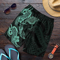 Hawaiian Manta Rays Shorts for Men Tribal Hibiscus Polynesian Tattoos Turquoise Color - Polynesian Pride