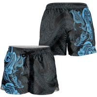 Hawaiian Manta Rays Shorts for Women Tribal Hibiscus Polynesian Tattoos Blue Color - Polynesian Pride