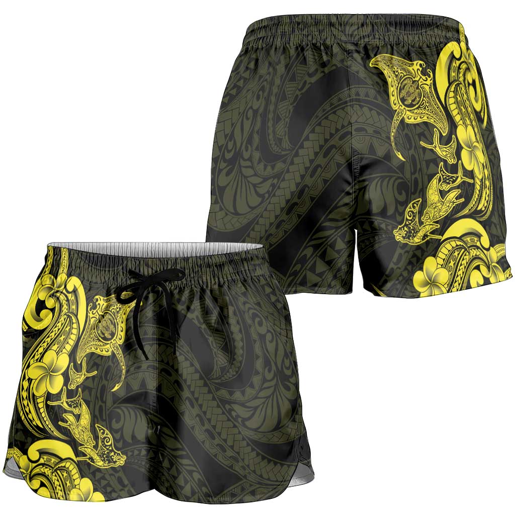 Hawaiian Manta Rays Shorts for Women Tribal Hibiscus Polynesian Tattoos Yellow Color - Polynesian Pride