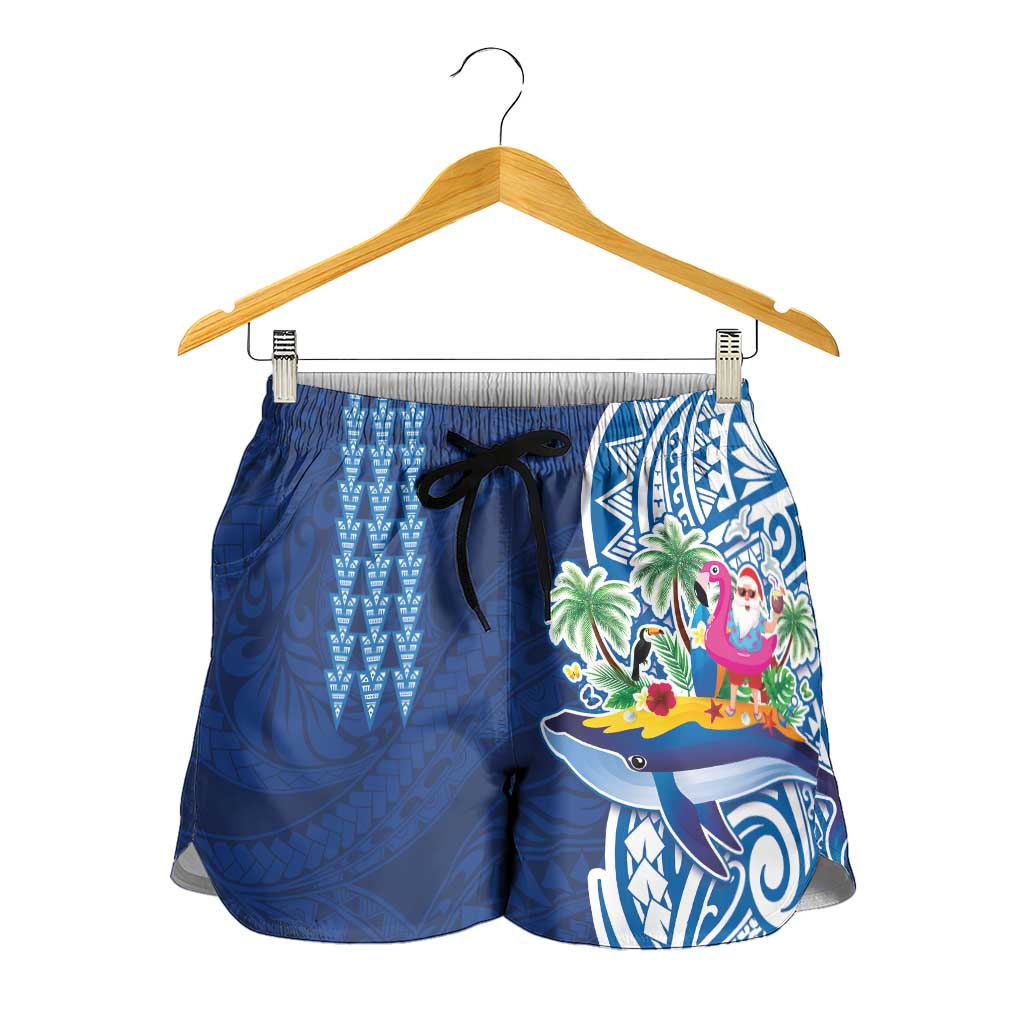 Hawaiian Mele Kalikimaka Shorts for Women Funny Santa on Whale Island with Kakau Tattoos - Polynesian Pride