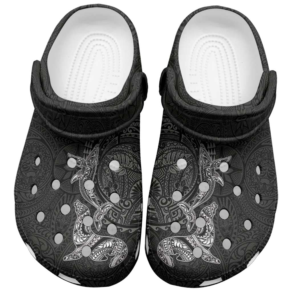 Hawaiian Monk Seal and Whale Clogs Shoes Kakau Tribal Pattern Grayscale LT03 Black - Polynesian Pride