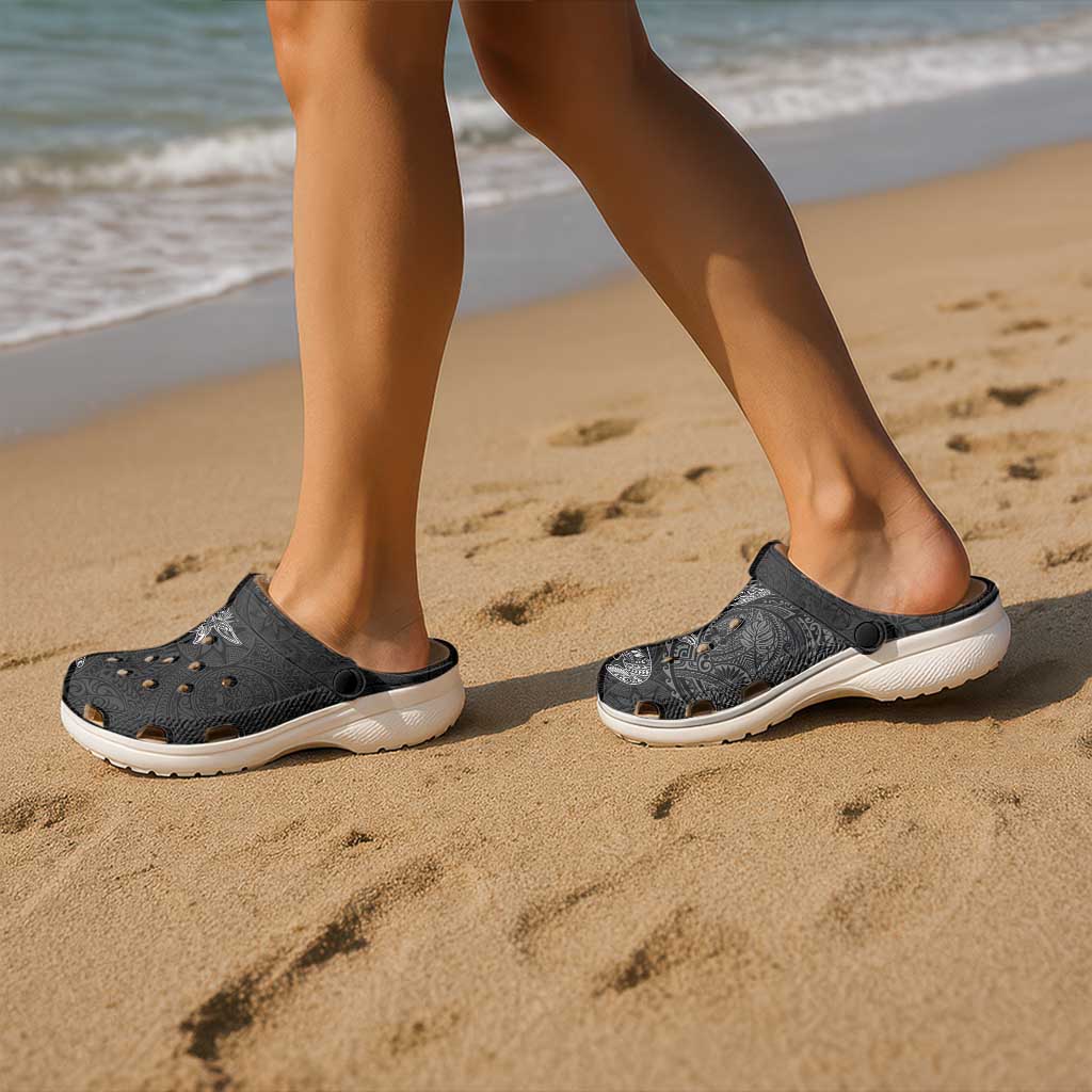Hawaiian Monk Seal and Whale Clogs Shoes Kakau Tribal Pattern Grayscale