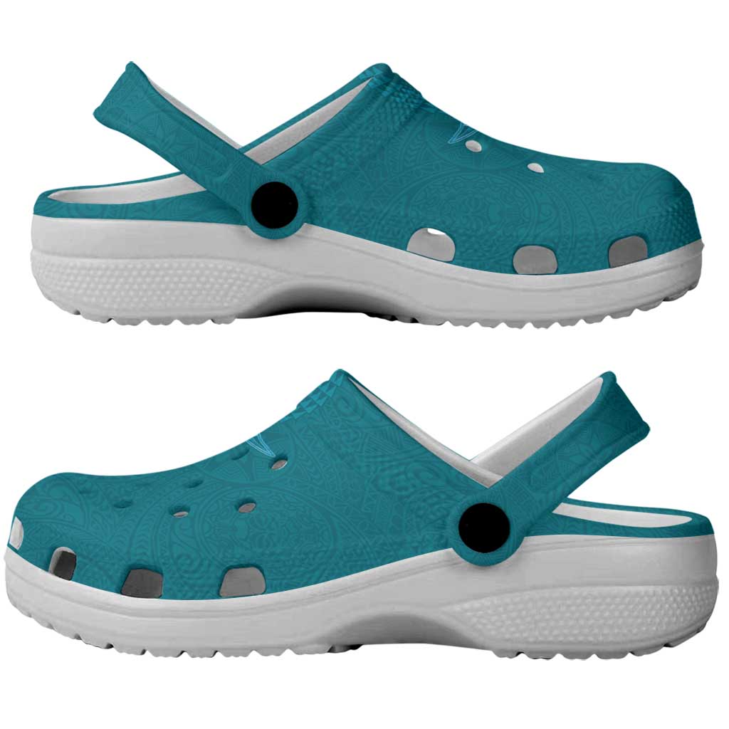 Hawaiian Monk Seal and Whale Clogs Shoes Kakau Tribal Pattern Teal Color