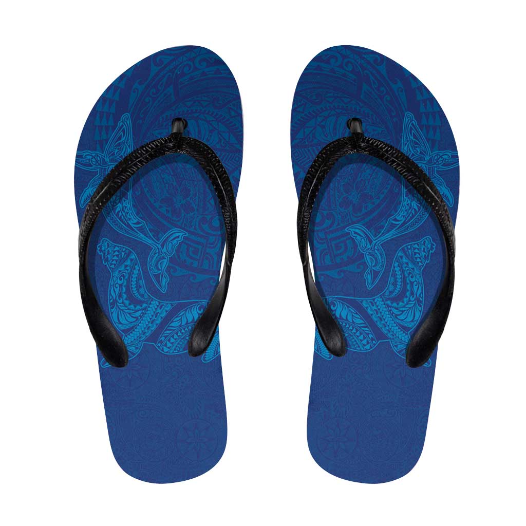 Hawaiian Monk Seal and Whale Flip Flops Kakau Tribal Pattern Blue Color