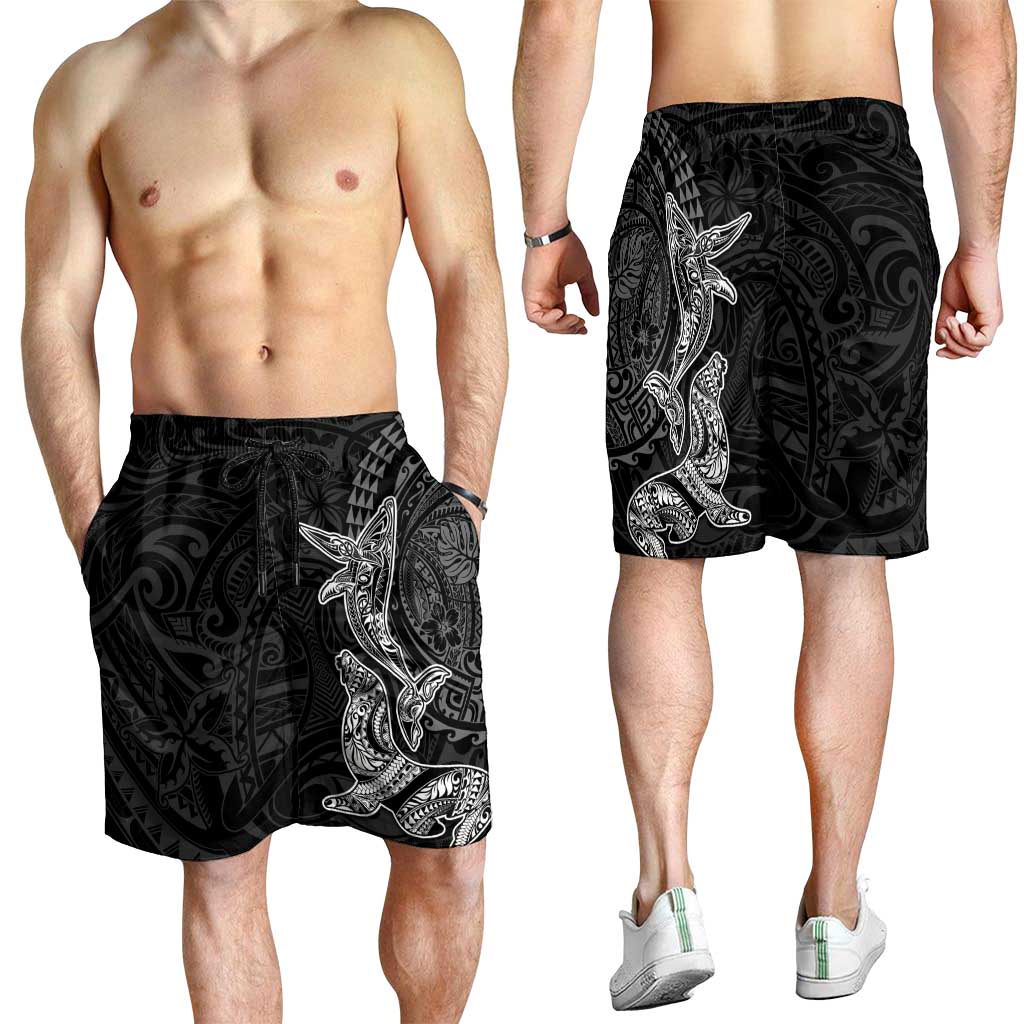 Hawaiian Monk Seal and Whale Shorts for Men Kakau Tribal Pattern Grayscale