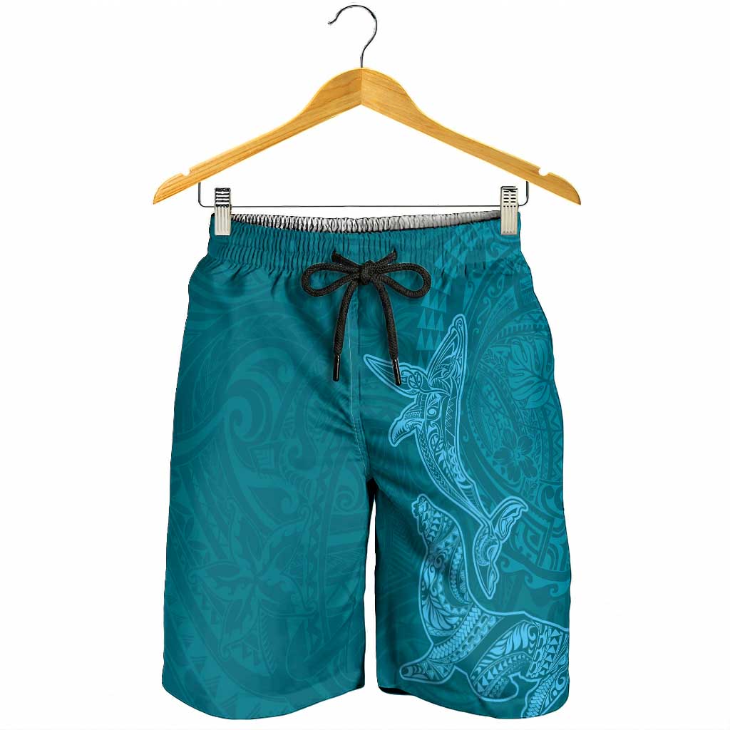 Hawaiian Monk Seal and Whale Shorts for Men Kakau Tribal Pattern Teal Color