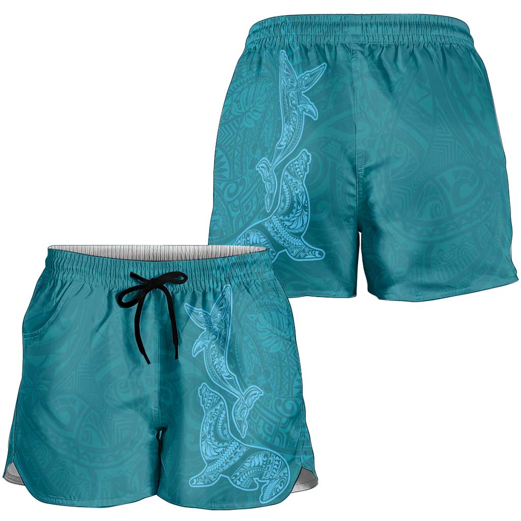 Hawaiian Monk Seal and Whale Shorts for Women Kakau Tribal Pattern Teal Color
