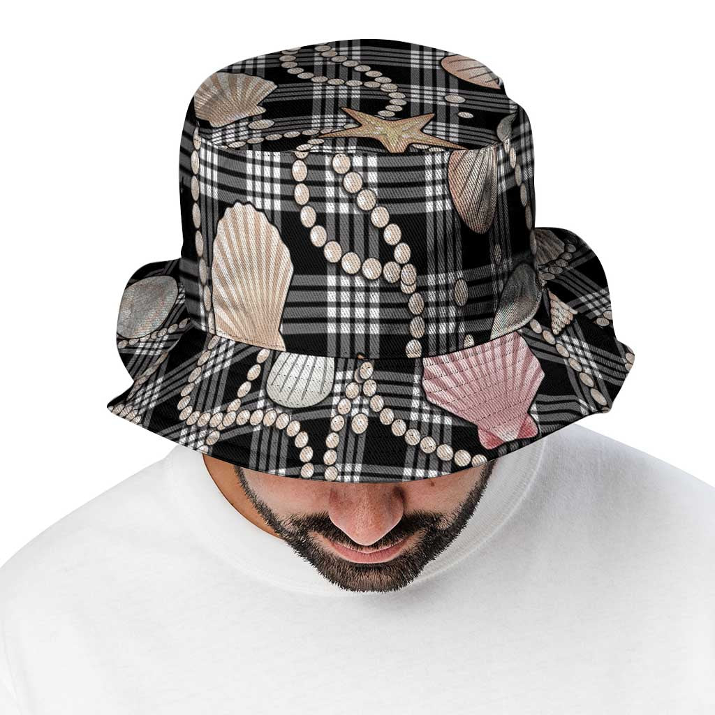 Hawaiian Ocean Seashells Bucket Hat Black Palaka Pattern