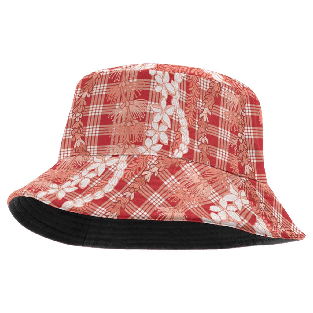 Hawaiian Ohia Lehua Lei Bucket Hat Plaid Palaka Ulaula Pattern - Polynesian Pride