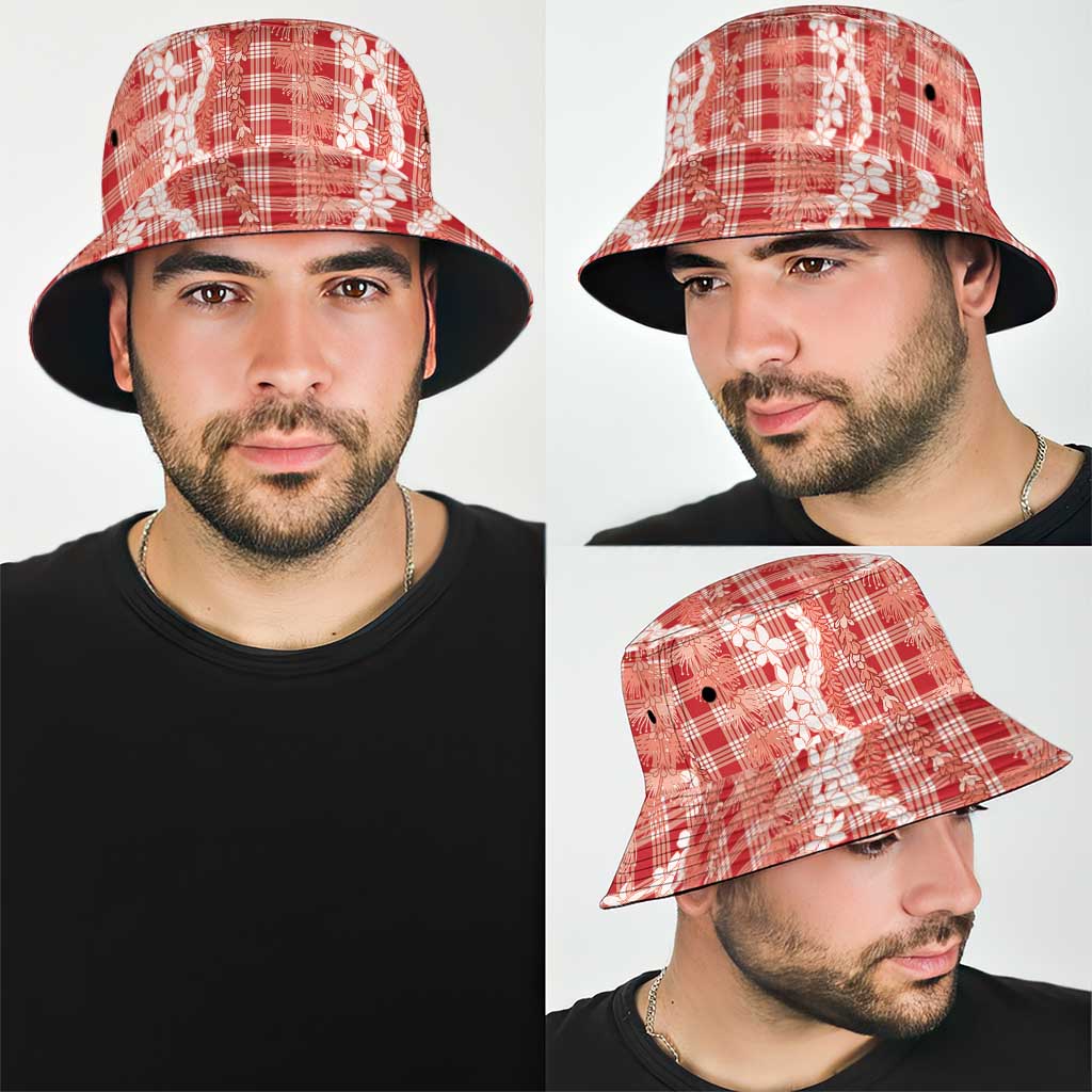 Hawaiian Ohia Lehua Lei Bucket Hat Plaid Palaka Ulaula Pattern - Polynesian Pride