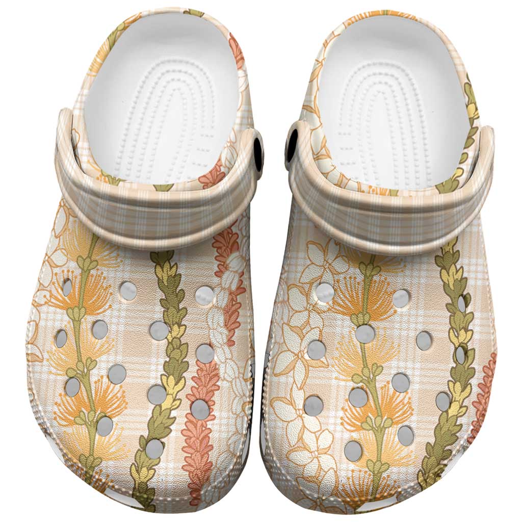 Hawaiian Ohia Lehua Lei Clogs Shoes Plaid Palaka Ahiehie Pattern - Polynesian Pride