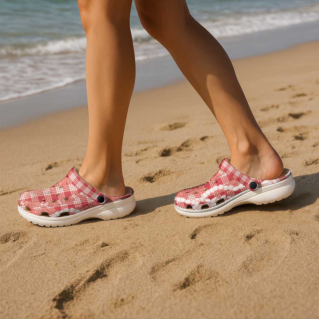 Hawaiian Ohia Lehua Lei Clogs Shoes Plaid Palaka Ulaula Pattern - Polynesian Pride
