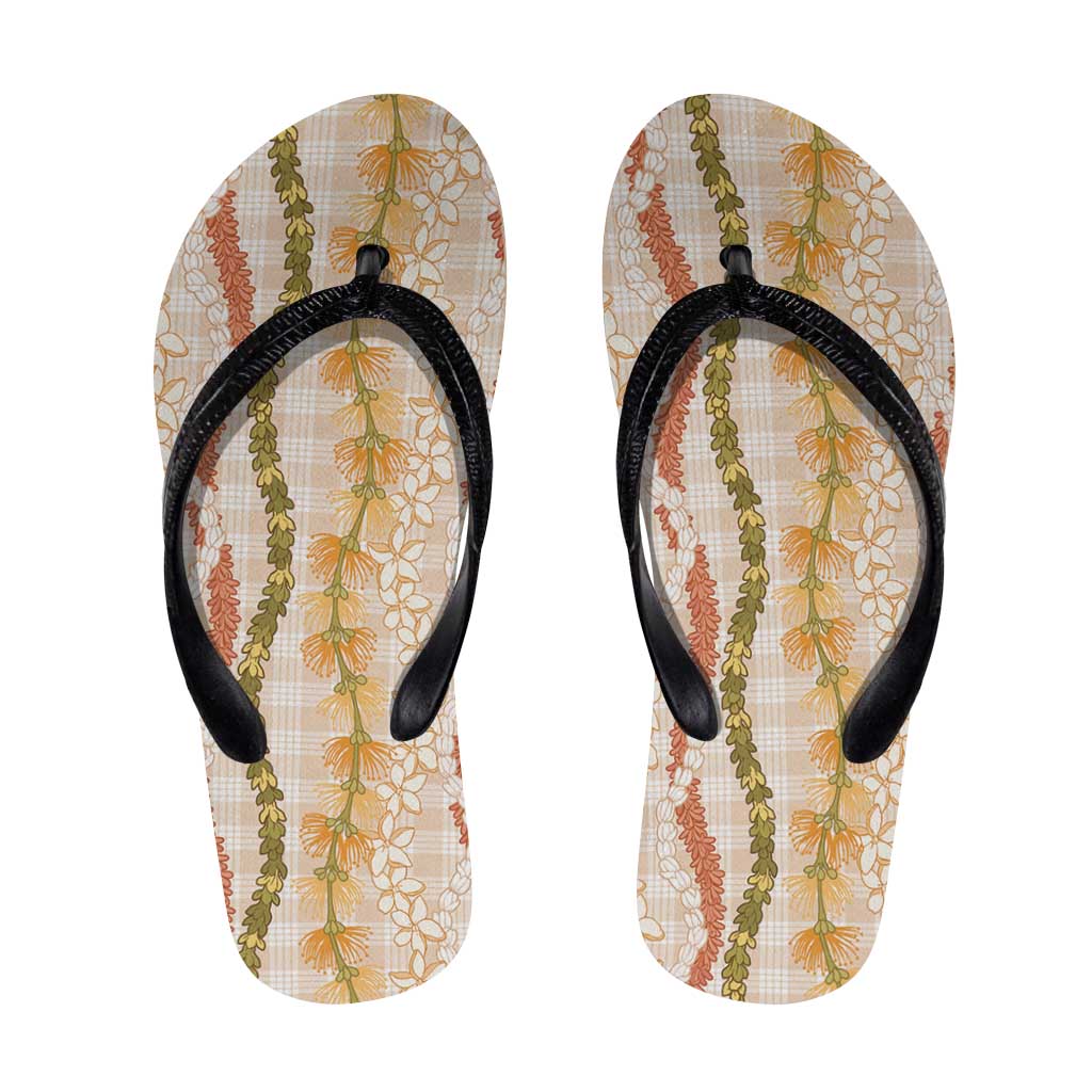 Hawaiian Ohia Lehua Lei Flip Flops Plaid Palaka Ahiehie Pattern - Polynesian Pride