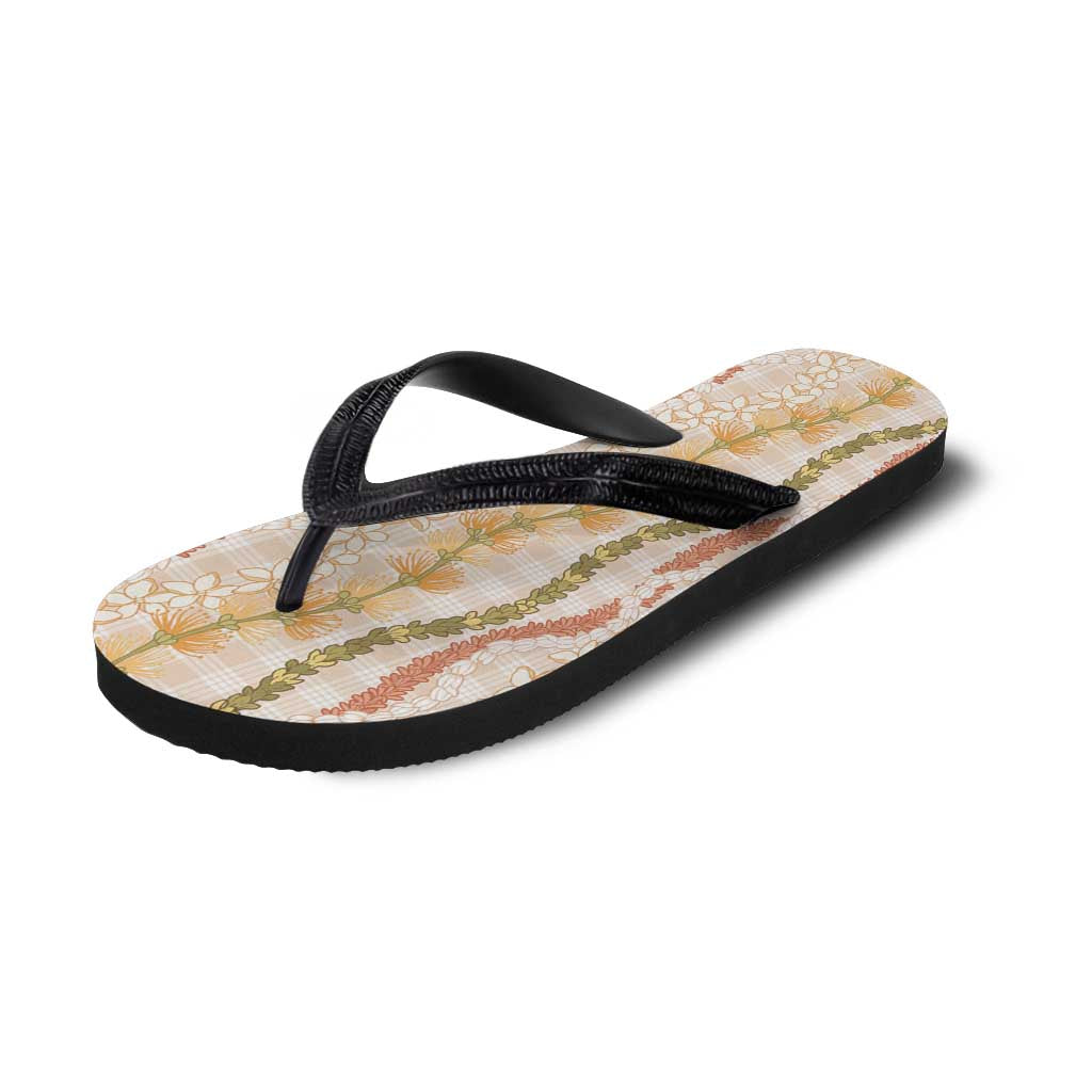 Hawaiian Ohia Lehua Lei Flip Flops Plaid Palaka Ahiehie Pattern - Polynesian Pride