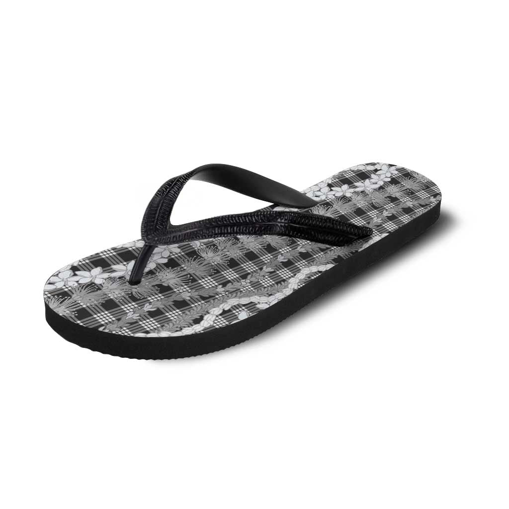 Hawaiian Ohia Lehua Lei Flip Flops Plaid Palaka Eleele Pattern - Polynesian Pride