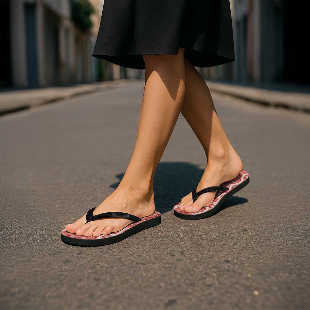 Hawaiian Ohia Lehua Lei Flip Flops Plaid Palaka Ulaula Pattern - Polynesian Pride