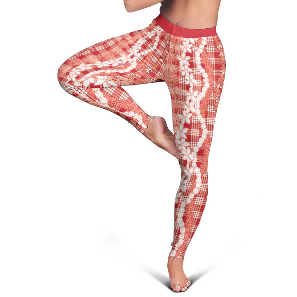 Hawaiian Ohia Lehua Lei Leggings Plaid Palaka Ulaula Pattern - Polynesian Pride