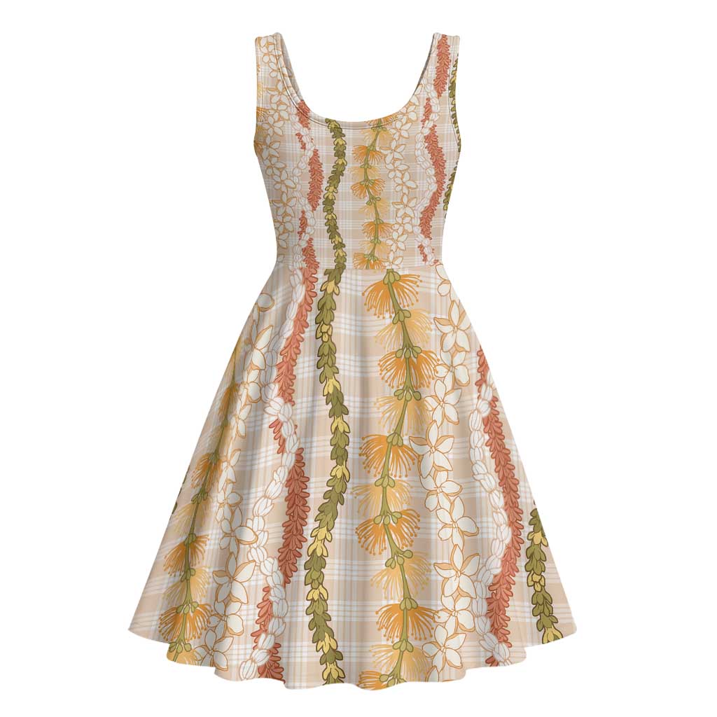 Hawaiian Ohia Lehua Lei Midi Dress Plaid Palaka Ahiehie Pattern - Polynesian Pride