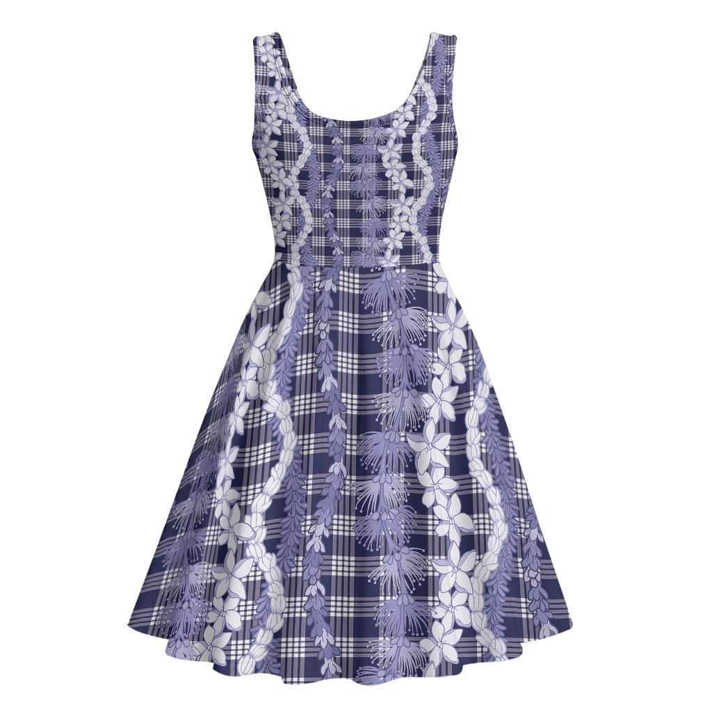 Hawaiian Ohia Lehua Lei Midi Dress Plaid Palaka Uliuli hohonu Pattern - Polynesian Pride