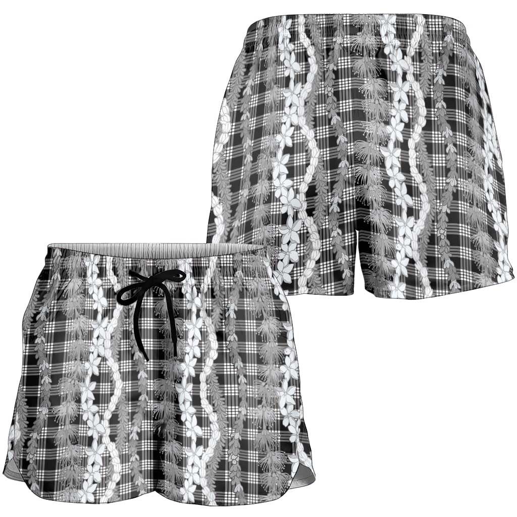 Hawaiian Ohia Lehua Lei Shorts for Women Plaid Palaka Eleele Pattern - Polynesian Pride