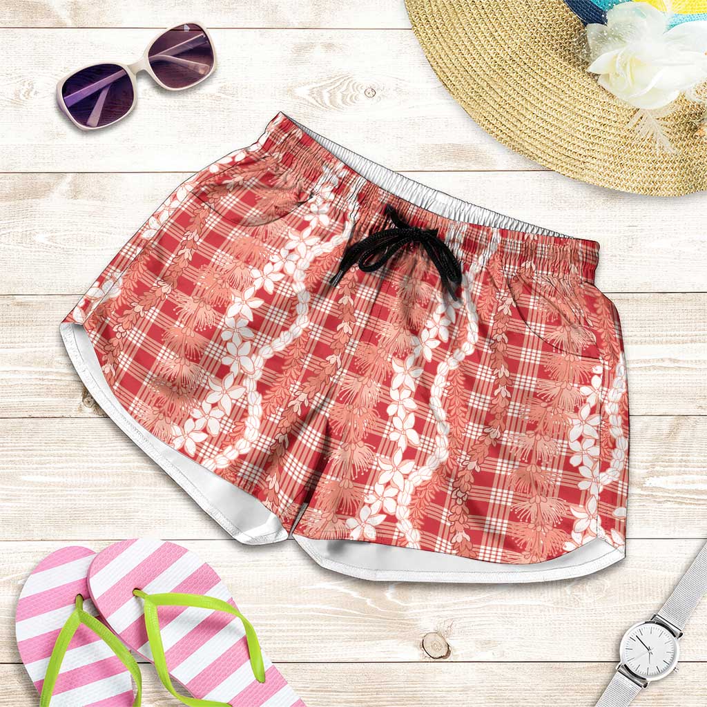 Hawaiian Ohia Lehua Lei Shorts for Women Plaid Palaka Ulaula Pattern - Polynesian Pride