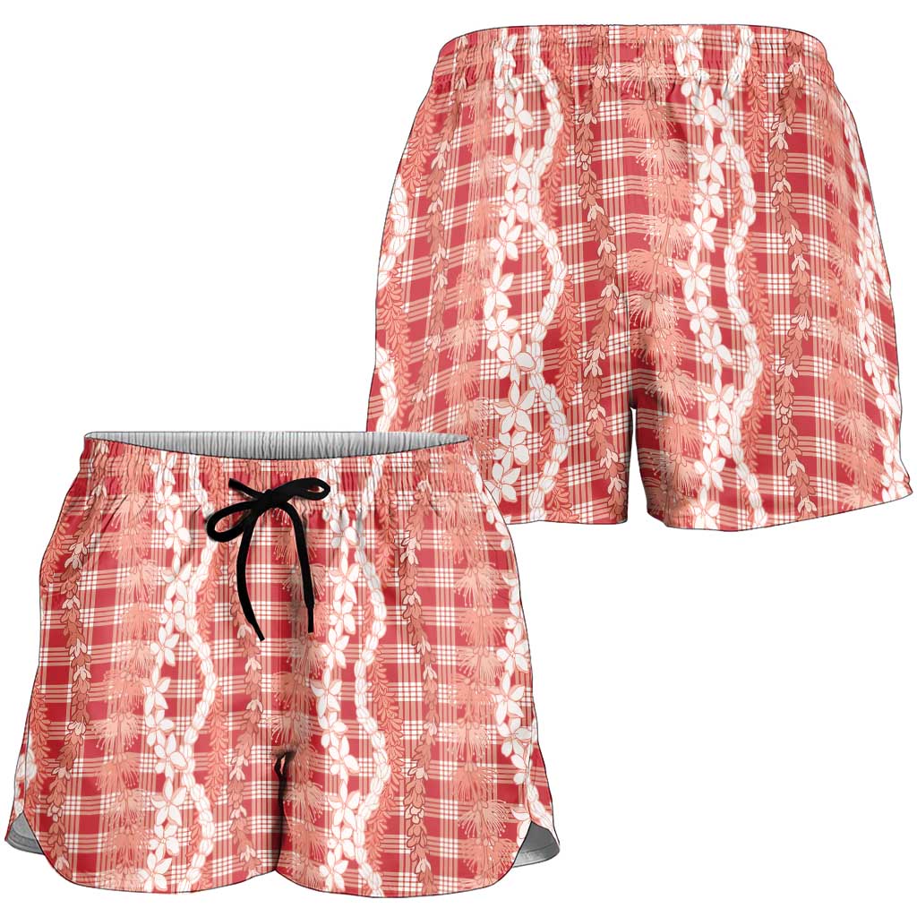 Hawaiian Ohia Lehua Lei Shorts for Women Plaid Palaka Ulaula Pattern - Polynesian Pride
