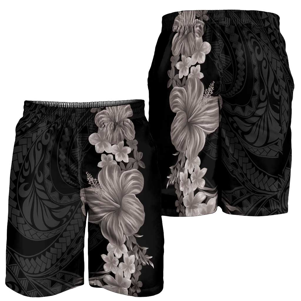 Hawaiian Plumeria and Hibiscus Shorts for Men Grayscale Mode LT03 - Polynesian Pride